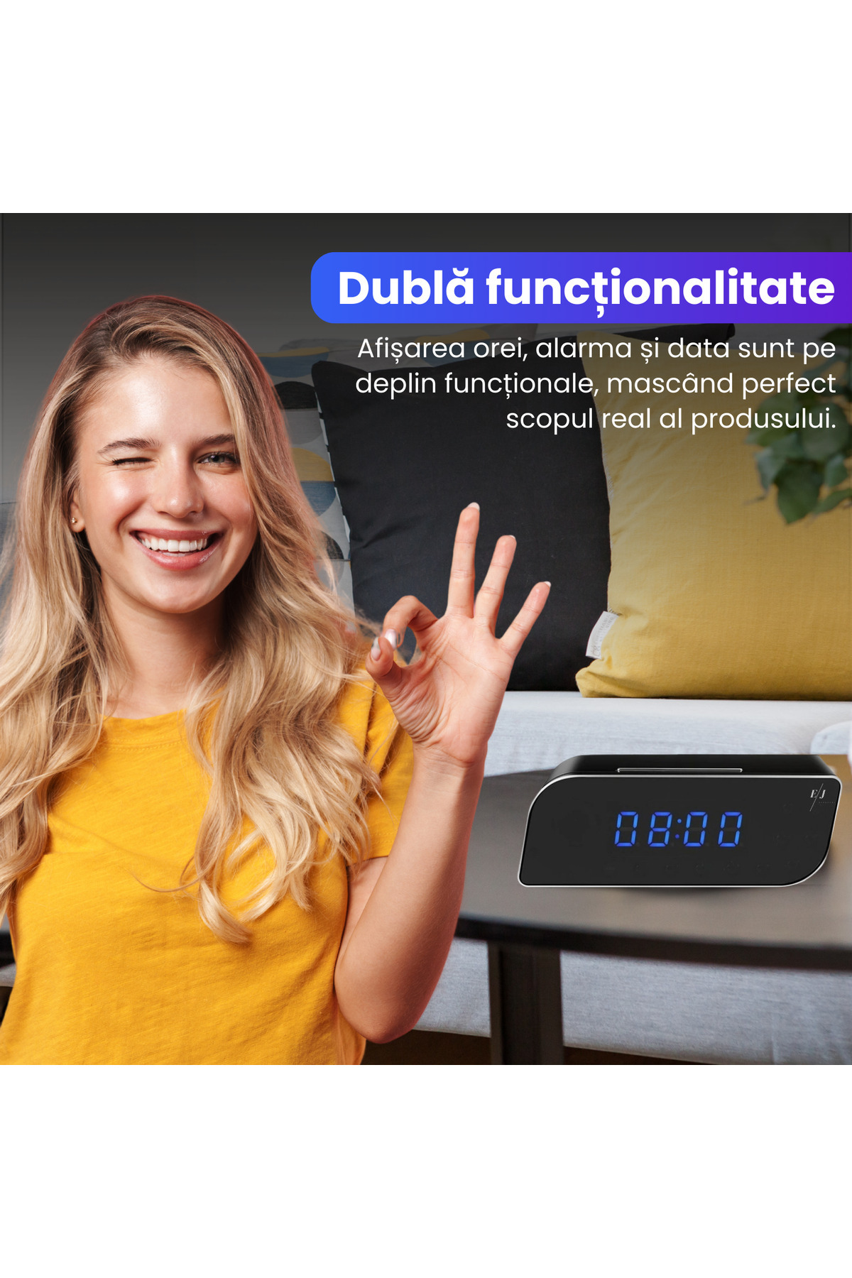 Spionescu-Clock with hidden video camera – WiFi, Night Vision, 150° wide angle, motion sensor, FULL HD 6