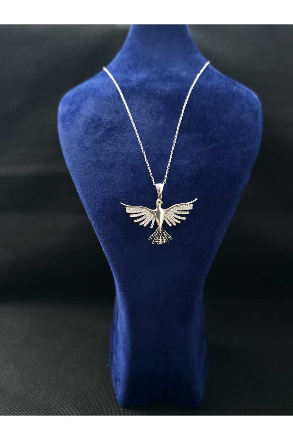 sarıyer silver Anka Kuşu Figürlü Siyah Ve Beyaz Zirkon Taşlı İşlemeli Anka Kuşu 925 Ayar Gümüş Kolye