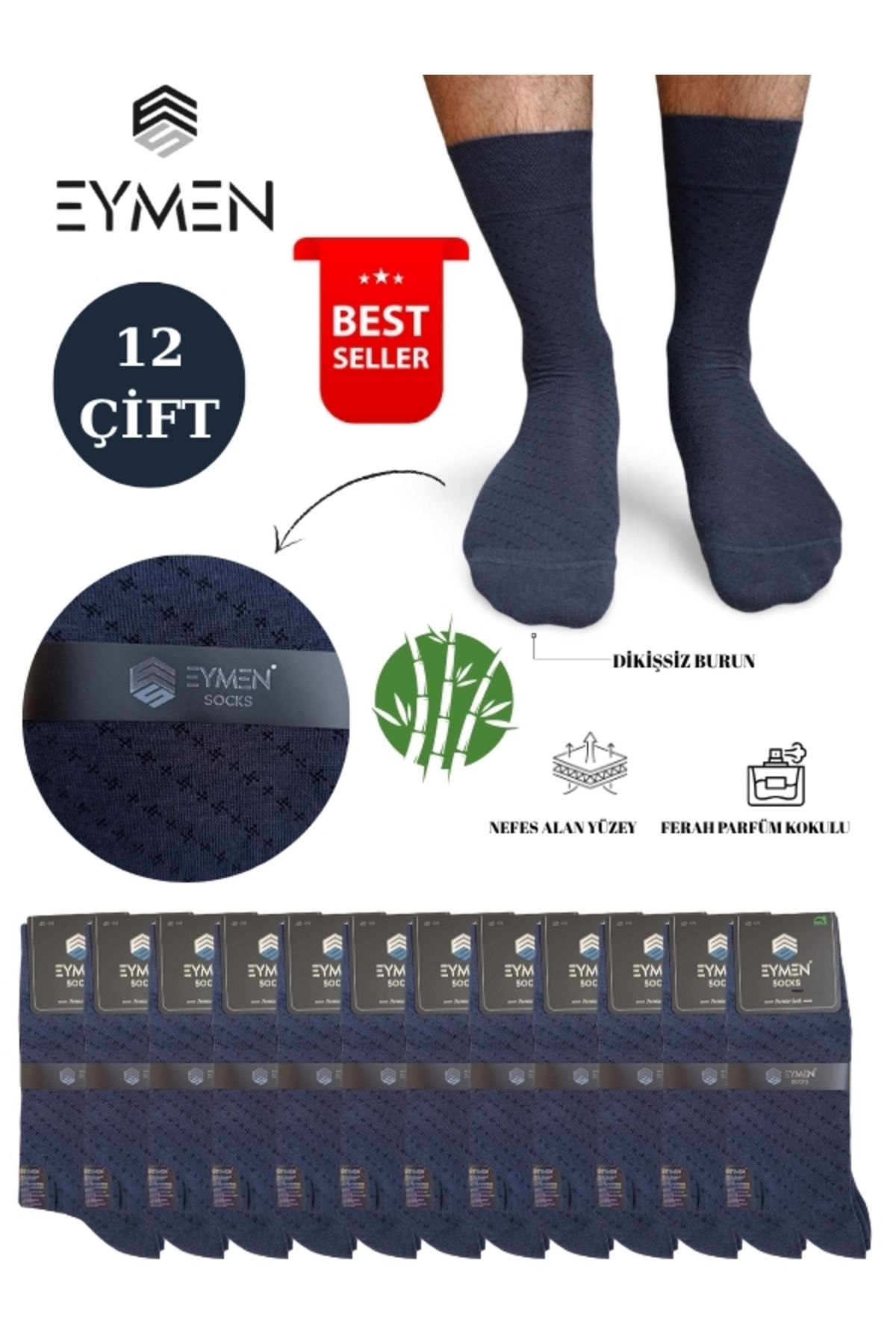 Eymen Socks 12'li Bambu Erkek Soket Çorap Tek Renk Füme - Premium ,dikişsiz, Çarpı Desen, Hediye Kutulu