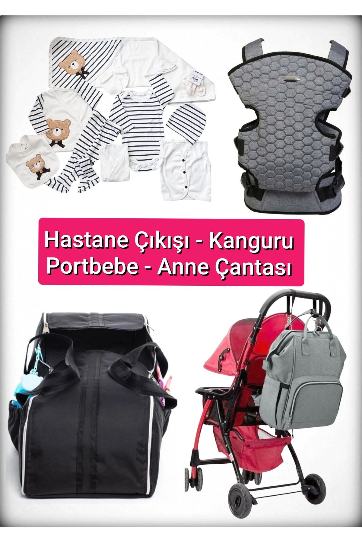 BABY ZUHU 4 Lü Doğum Seti 11 Parça Hastane Çıkışlı Portbebeli Kangurulu ve Anne Bebek Bakım Çantalı