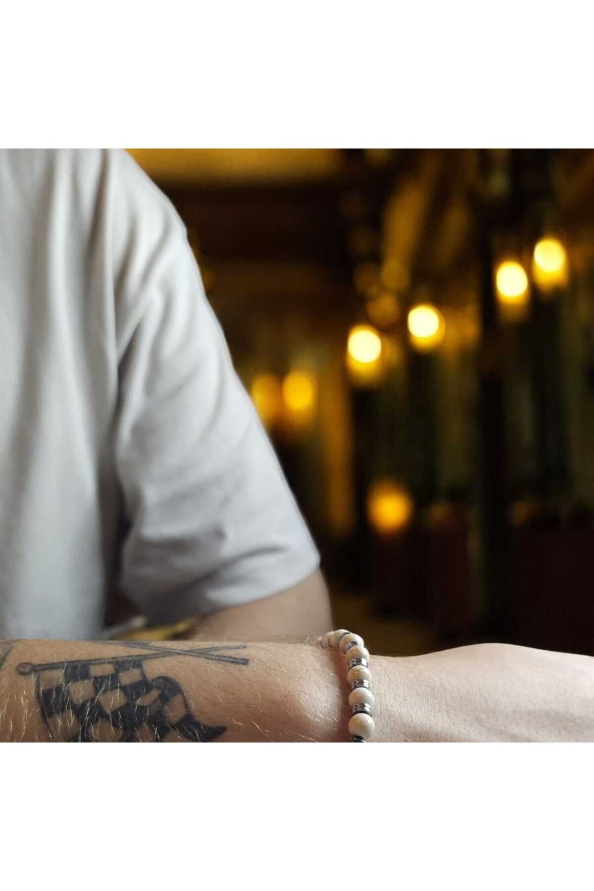Fundéa Jewelry Howlite Power Erkek Bileklik Çelik ve Havlit Taşlı, Kalın Erkek Bileğine Uygun, Nikel İçermez