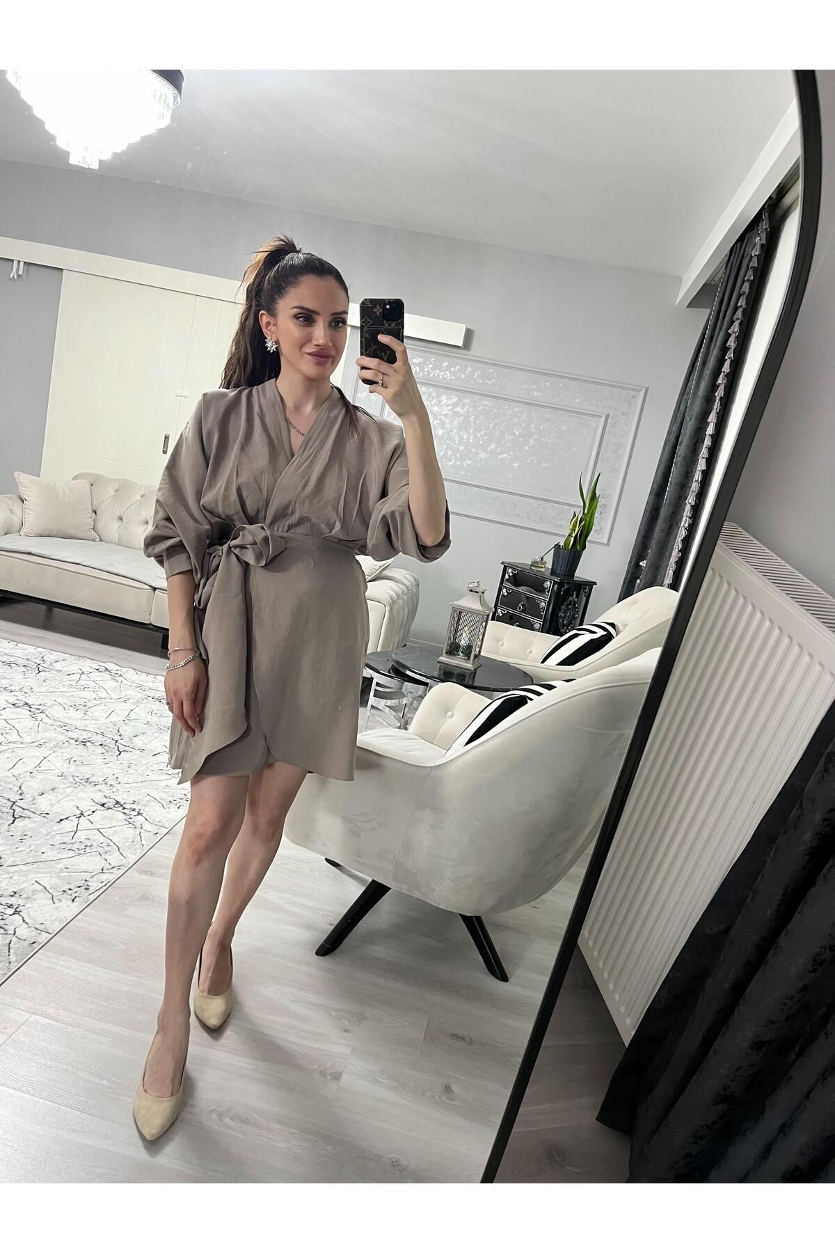 MODA Bağlama Detaylı Kruvaze Vizon Elbise