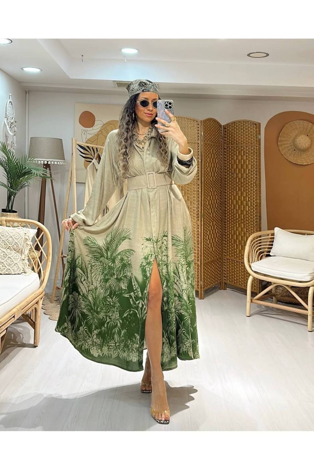 GAMZE ALPTEKİN Picasso Çiçek Elbise Bej