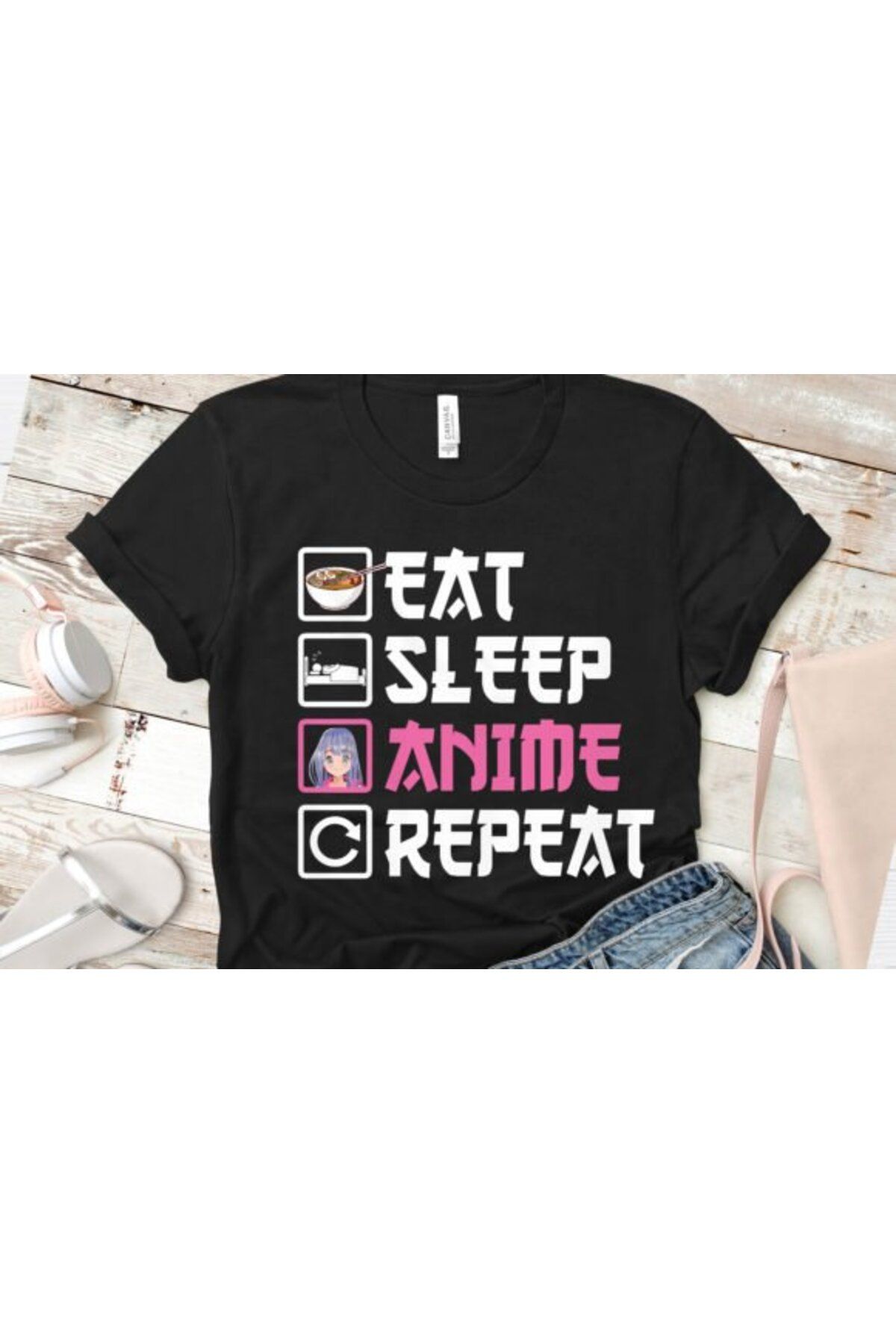 Sister Home Design Anime Eat Sleep Anime Repeat Kısa kollu bisiklet yaka t-shirt