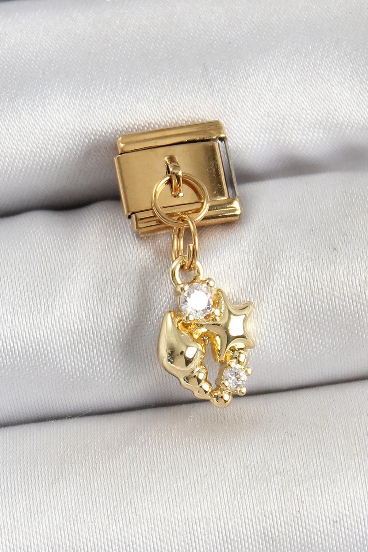 Celira Çelik Sallantılı Zirkon Taşlı Deniz Kabuğu Ve Yıldız Model Gold Renk Nomination Charm