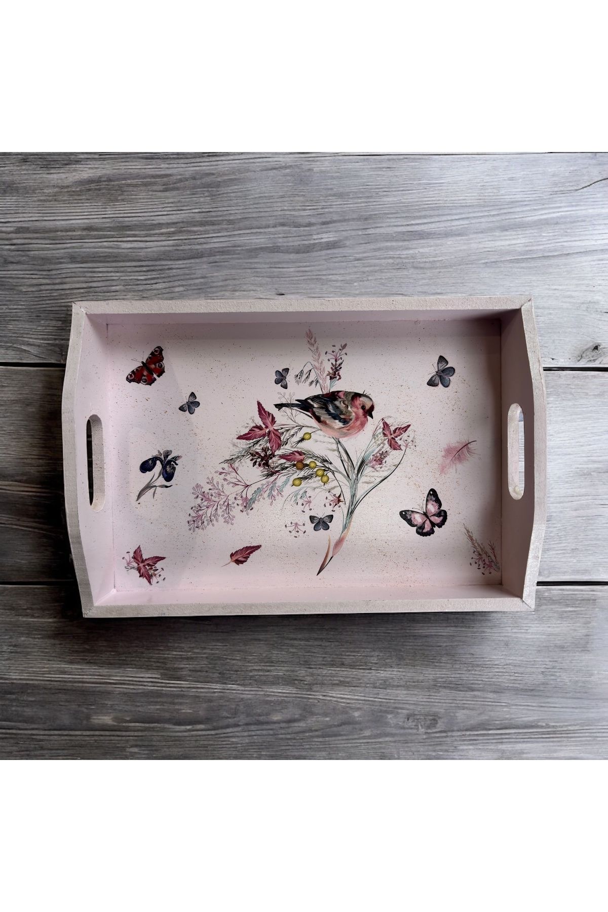 Atölye Kiraz Kuş ve Kelebek Desenli El Dekorlu Ahşap Tepsi – 20x30 cm (DKR86)