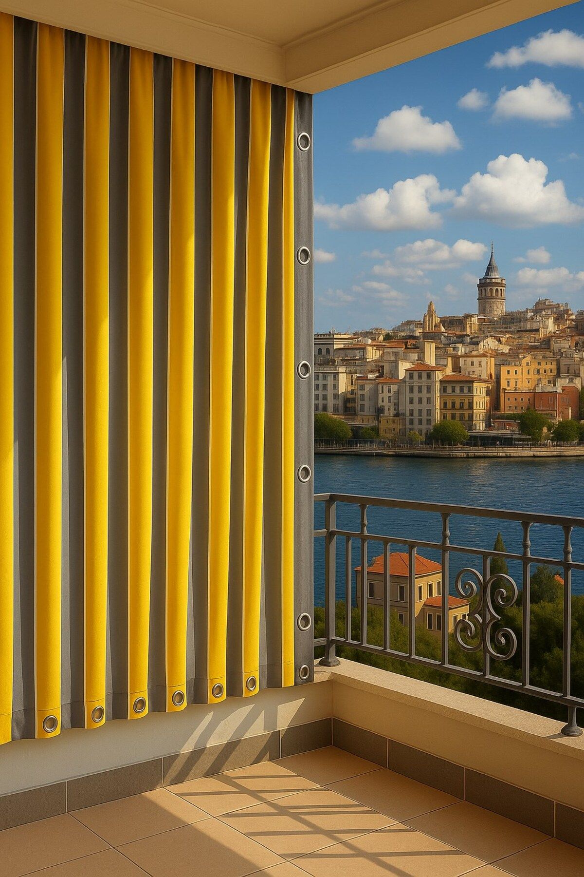 ceylan home GENCER Home Balkon Perdesi Kuş Gözü Ölçü Seçenekli Gri Sarı