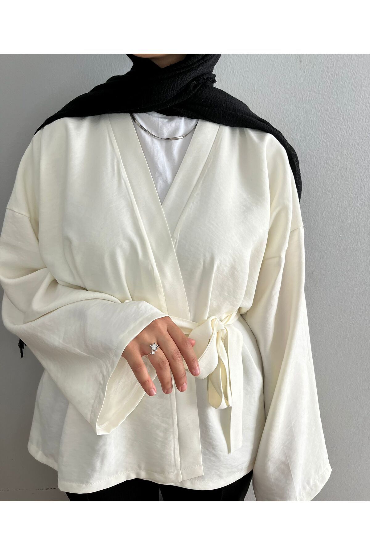 FASİON Belden Bağlamalı Krem Kimono