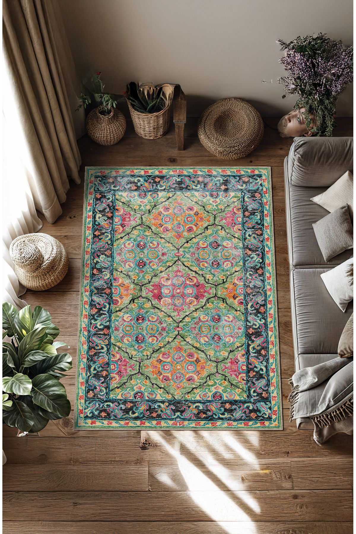 BigArts Home Makinede Yıkanabilir Kaymaz Taban Leke Tutmaz Çiçekli Salon Halısı Mutfak Halısı ve Yolluk
