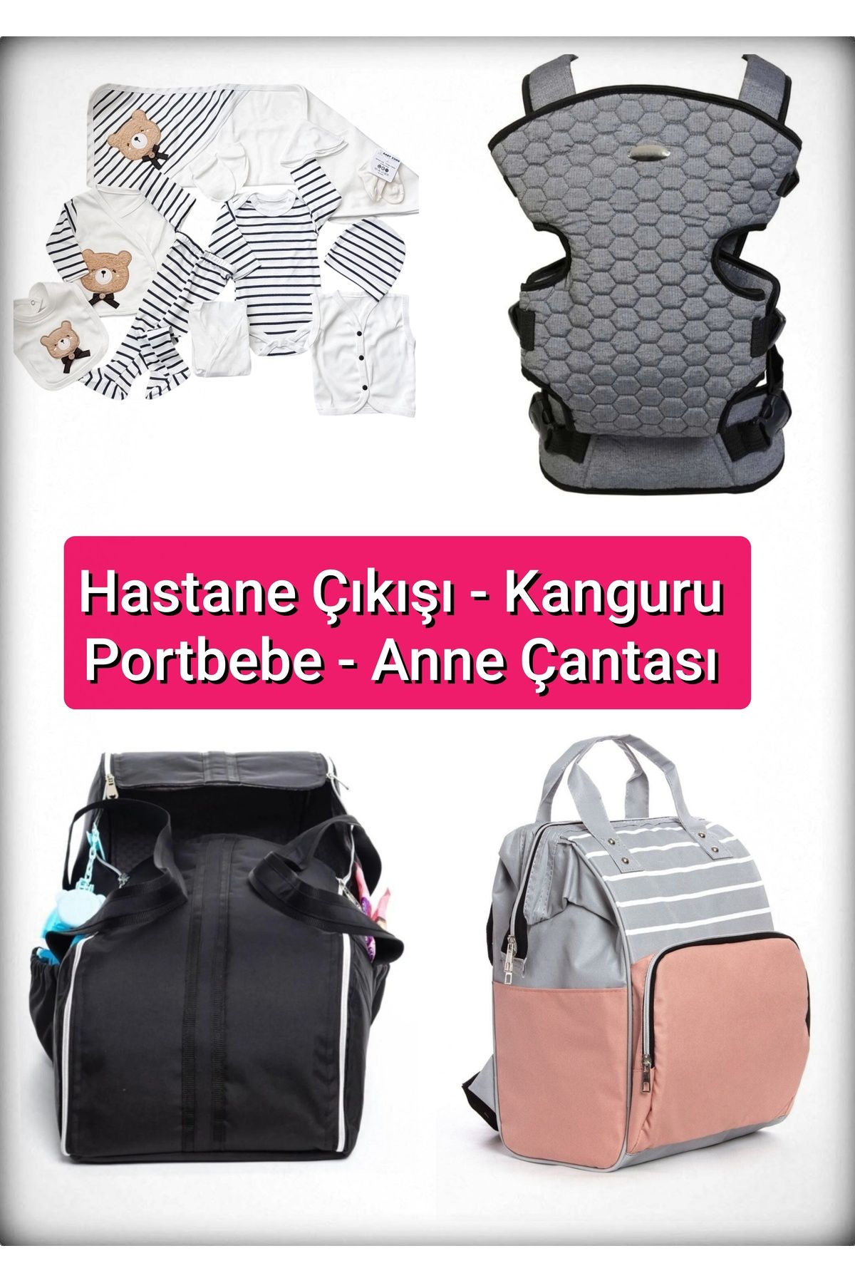 BABY ZUHU 4 Lü Doğum Seti 11 Parça Hastane Çıkışlı Portbebeli Kangurulu ve Anne Bebek Bakım Çantalı