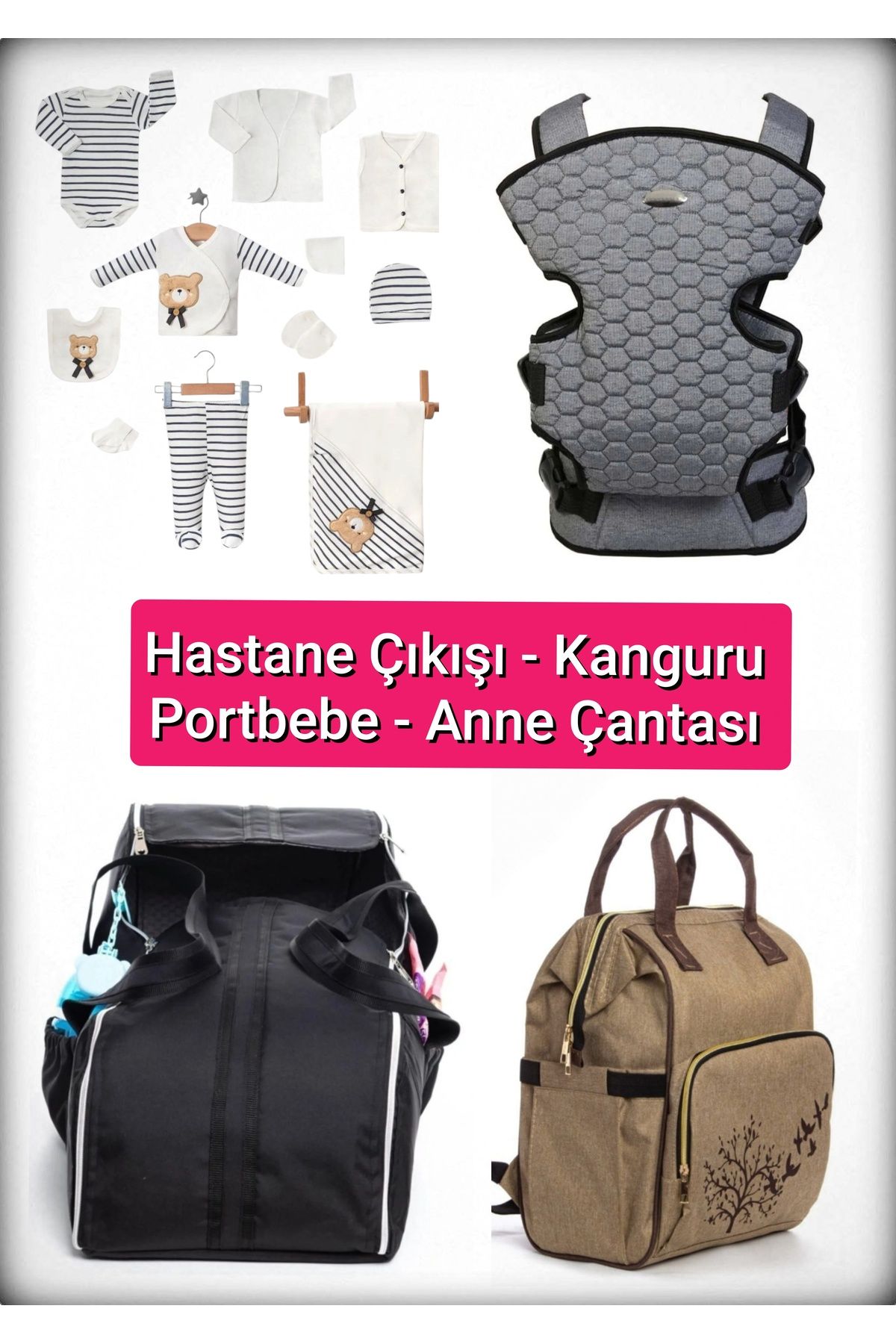 BABY ZUHU 4 Lü Doğum Seti 11 Parça Hastane Çıkışlı Portbebeli Kangurulu ve Anne Bebek Bakım Çantalı