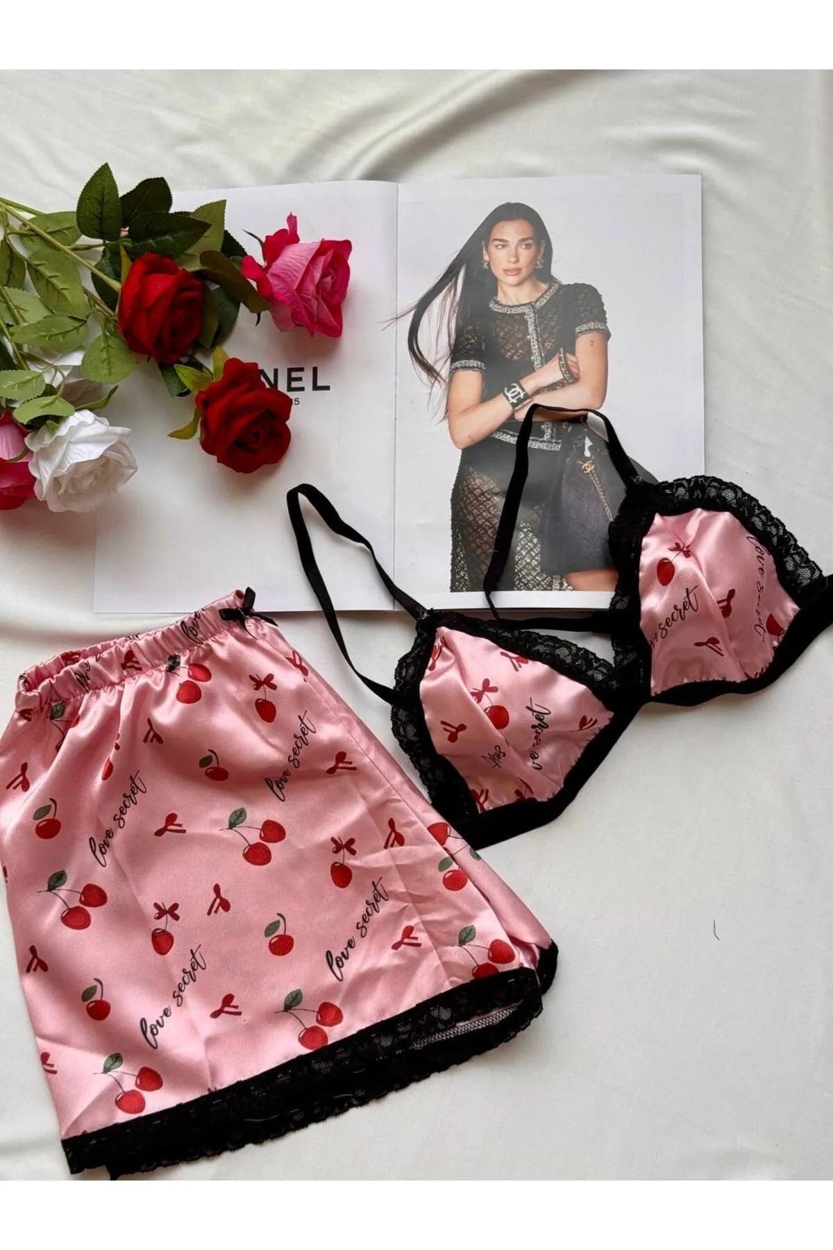 shiny date-Cherry Patterned Satin Shorts Pajama Set 3