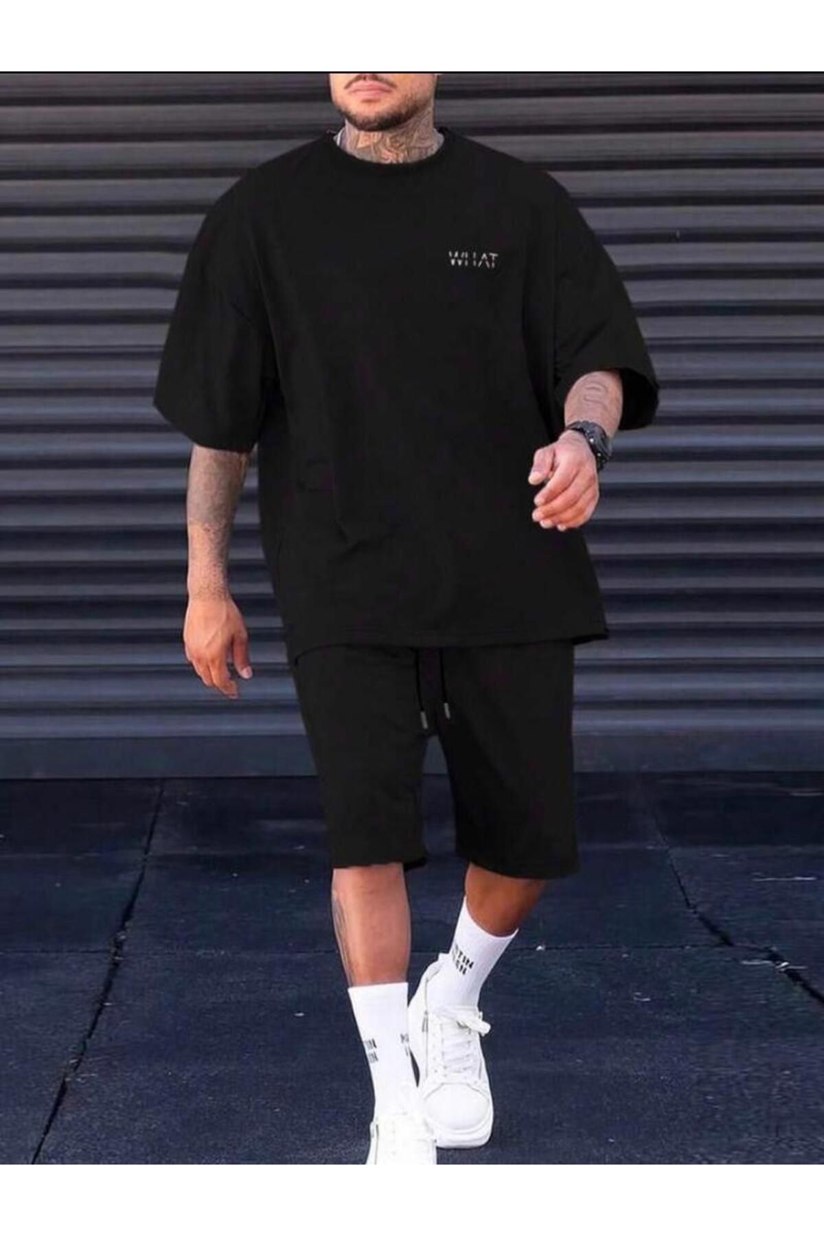 ModaSphere Oversize Bisiklet Yaka Alt Üst T-shirt Şortlu WHAT Baskılı İkili Takım