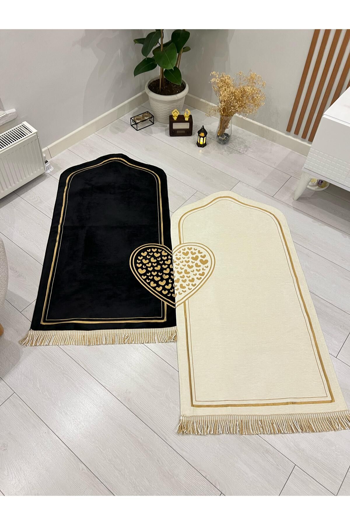 hicazavm Kaliteli sık dokuma kalpli çift eş dua ibadet namaz seccadesi seti