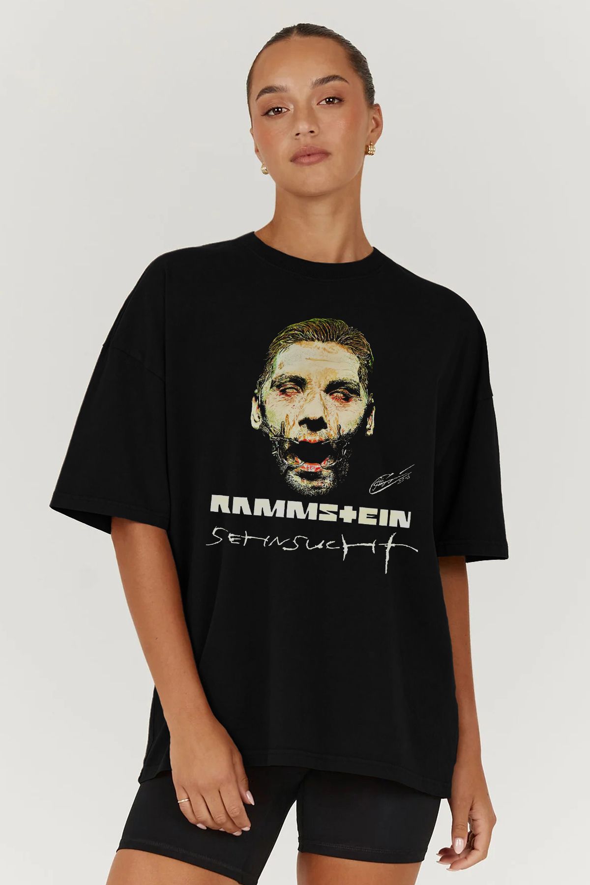 MODA Rammstein Baskılı Oversize Kalıp Siyah Geniş Bol Kesim Kadın Tişört