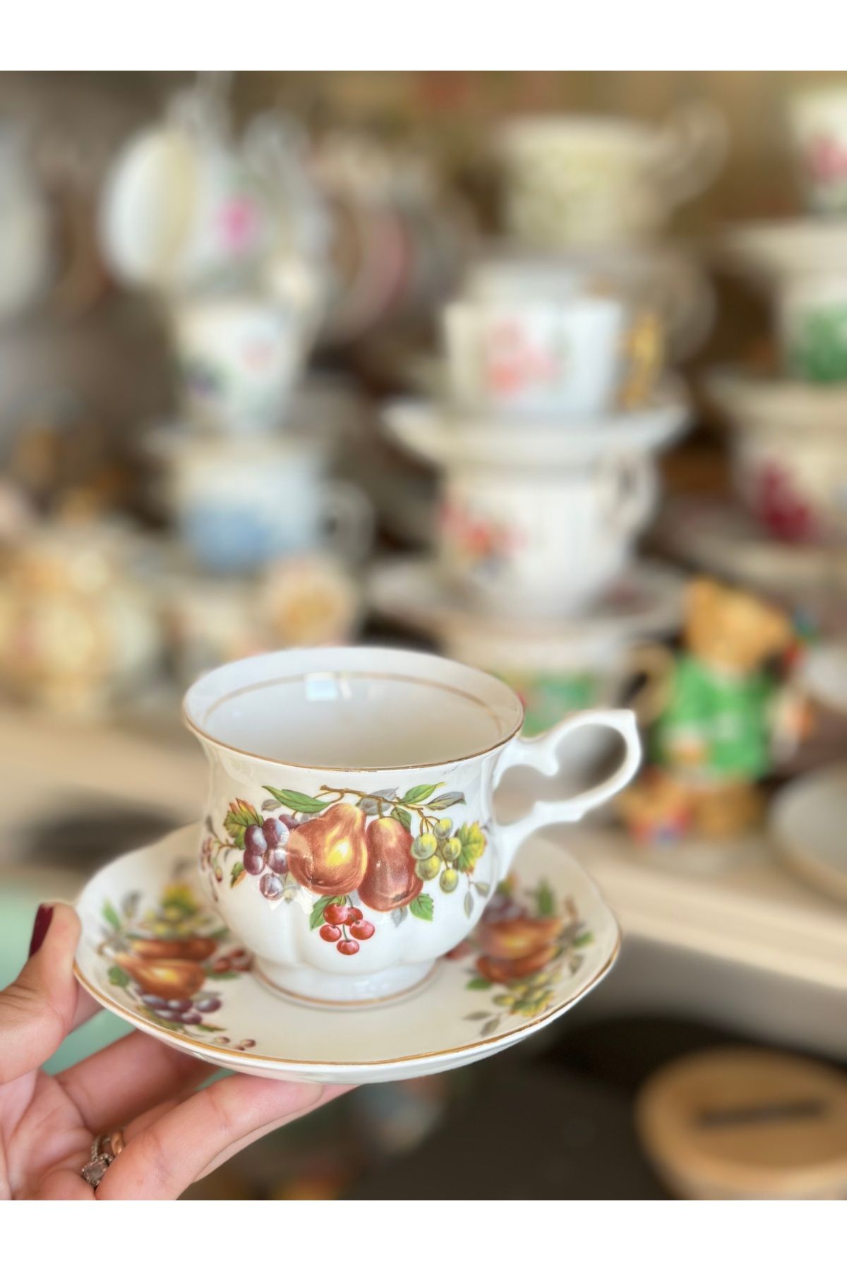 Handmadesign Antika İngiliz damgalı porselen meyve desenli armut üzüm duble kahve / çay fincanı