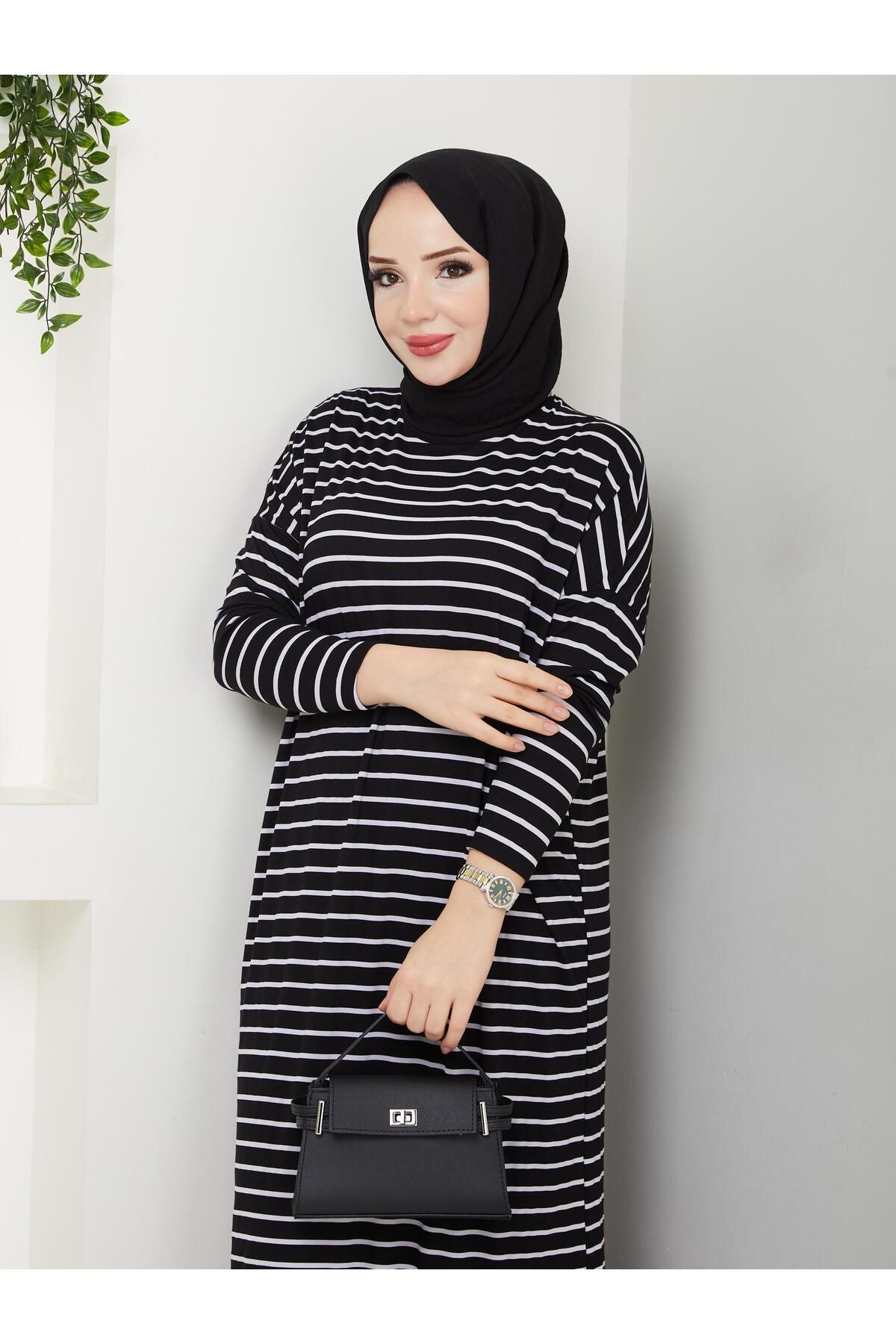 MODAMÜNASİP-Our Striped Viscose Combed Cotton Dress with a Fabric That Doesn'T Define the Line of the Hat 4
