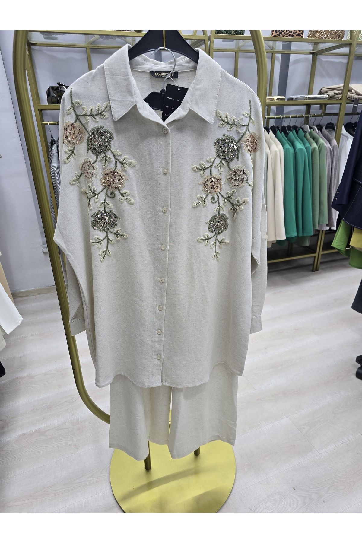 Omka Moda Keten İkili Takım İşlemeli Gömlek Pantolon Takım
