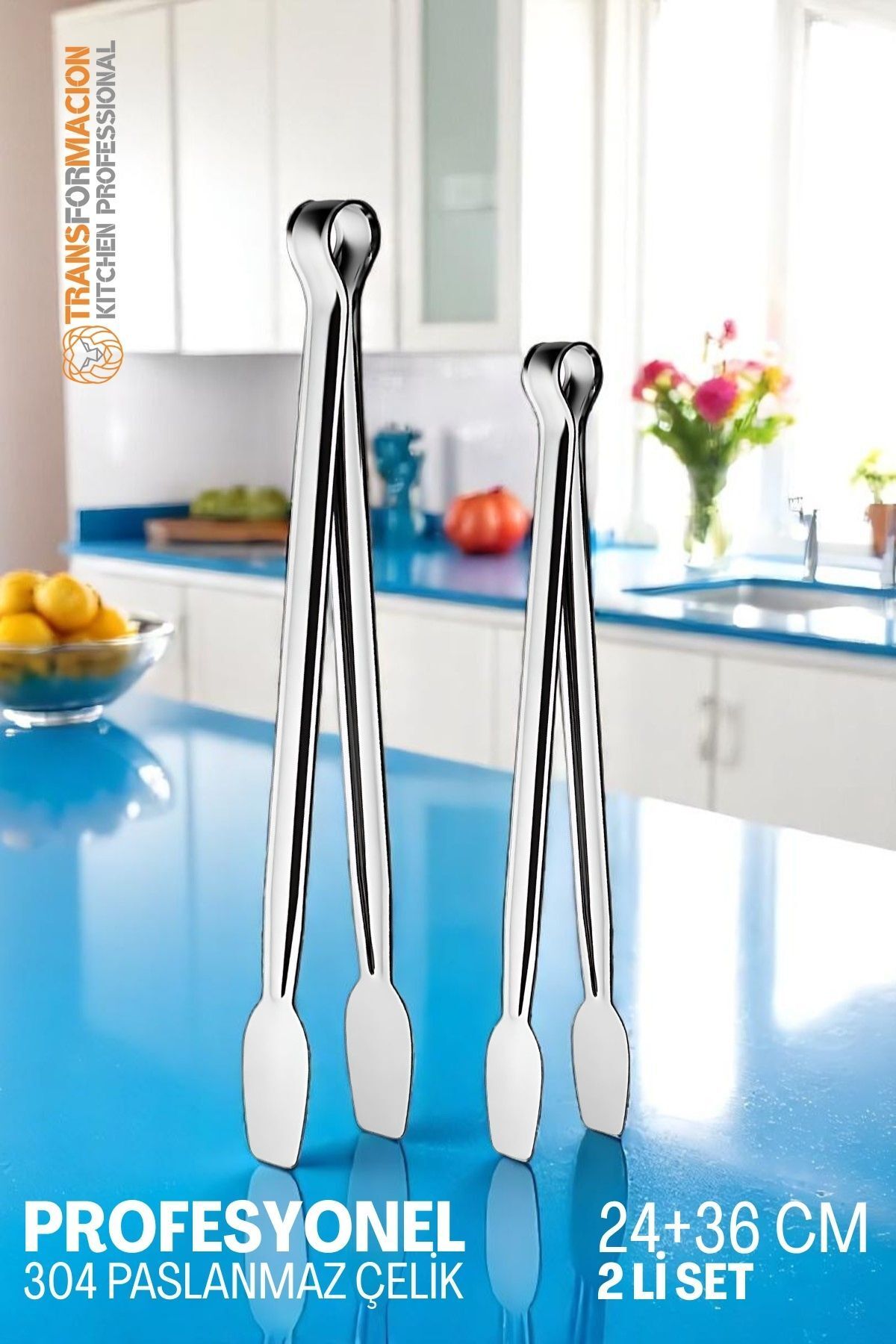Transformacion 2 Boy Mutfak Maşası - Mangal Barbekü Maşası - Izgara Maşası Tava Maşası Çelik 18 ve 36 Cm 721809