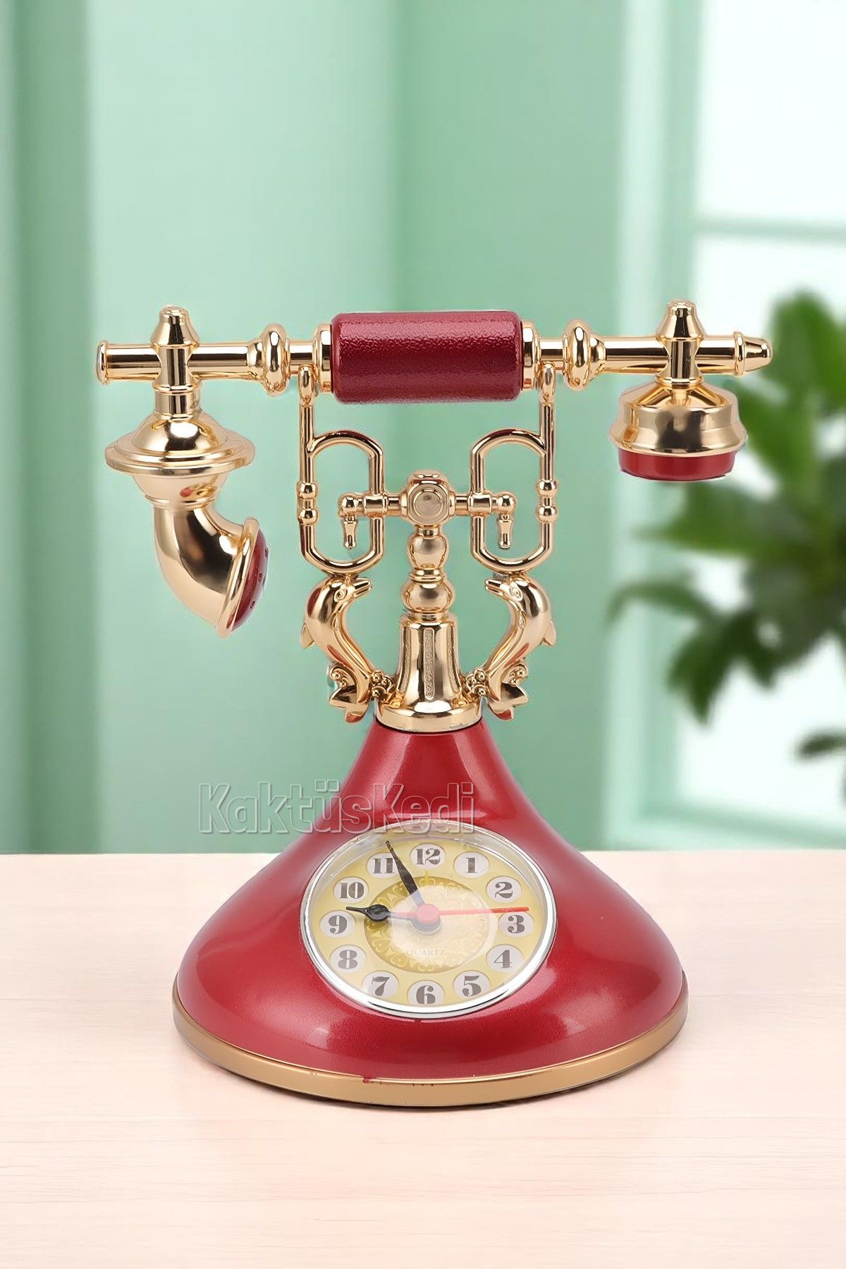 KaktüsKedi Vintage Telefon Model Nostaljik Dekoratif Masa Saati - Çalar Saat