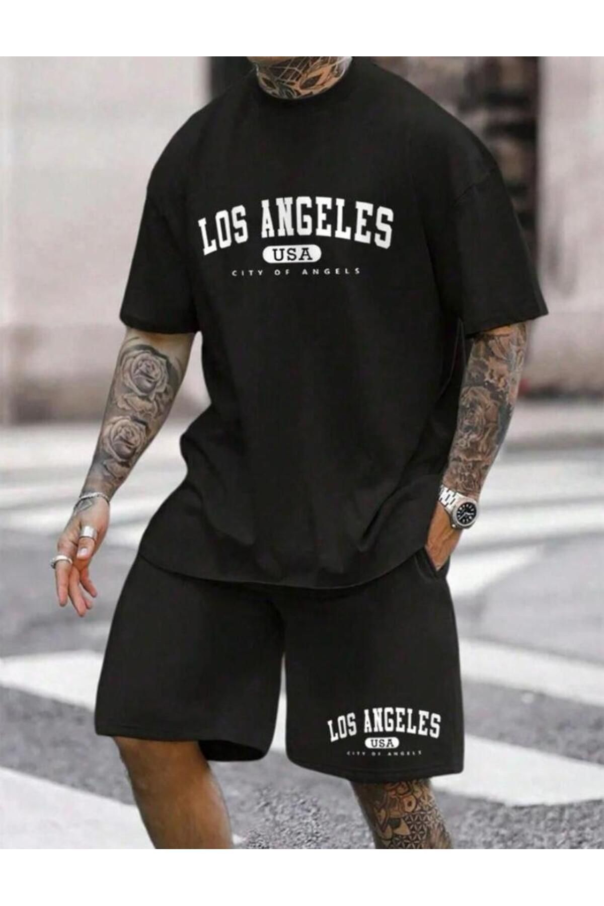 ModaSphere LOS ANGELES U.S.A. Baskılı Oversize Bisiklet Yaka Alt Üst T-shirt Şortlu ikili Takım