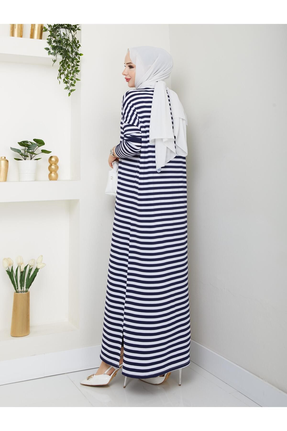 MODAMÜNASİP-Our Striped Viscose Combed Cotton Dress with a Fabric That Doesn'T Define the Line of the Hat 6