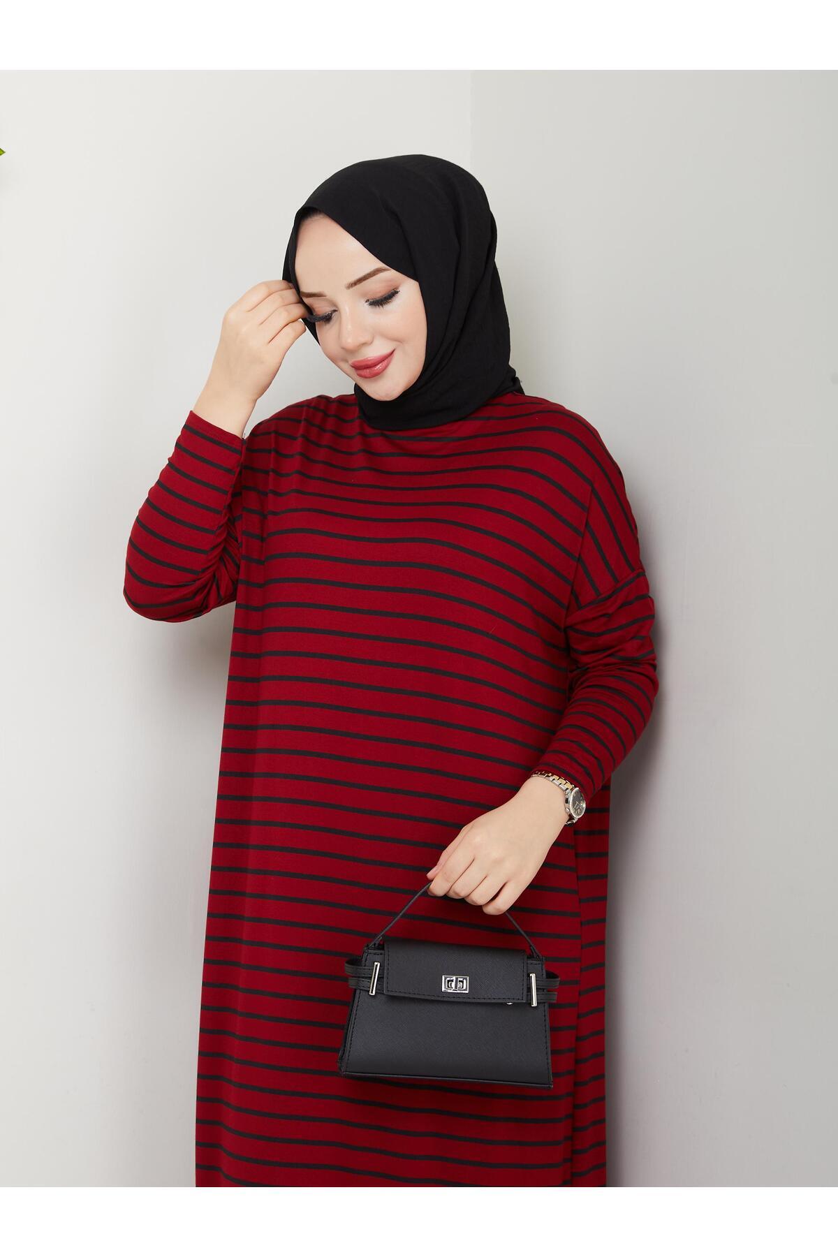 MODAMÜNASİP-Our Striped Viscose Combed Cotton Dress with a Fabric That Doesn'T Define the Line of the Hat 5