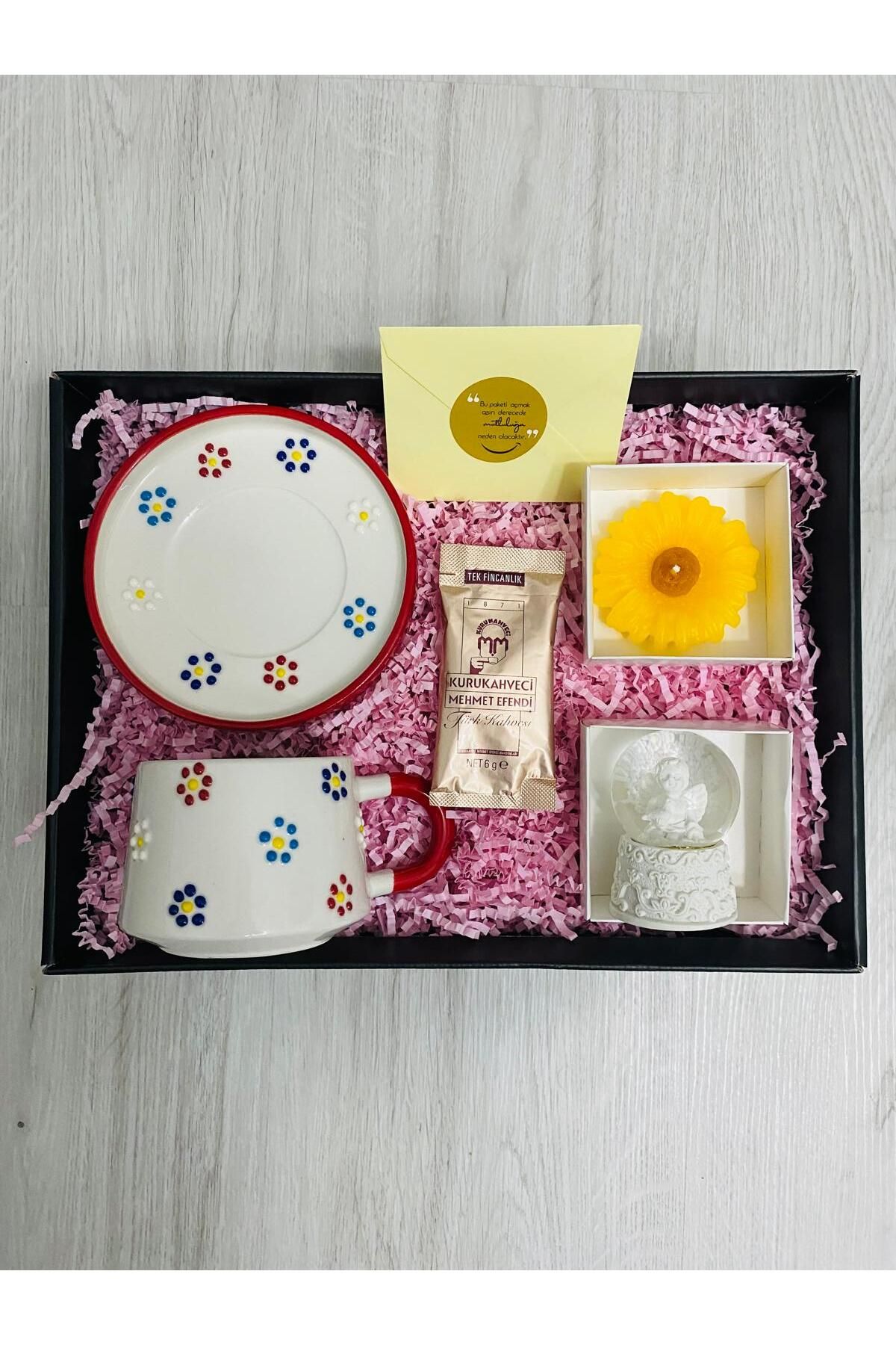 hediport Renkli Papatya Desenli Seramik Kupa - Kupa Tabağı - Melek Kar Küresi (7cm) - Mum - Kahve - Notunuz