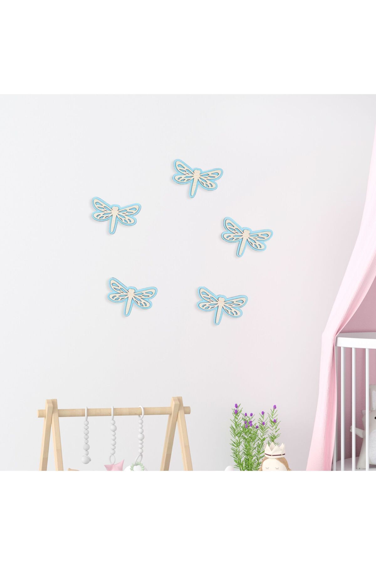 SerenityHaven Ahşap Yusufçuk Duvar Süsü 5’li Set – Çocuk Odası Dekoru | 5 Renk Seçeneği, Bebek Odası Dekorasyon