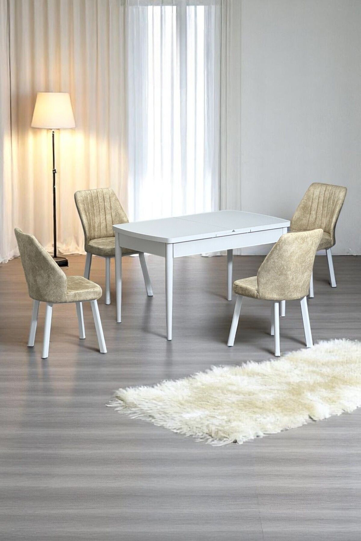 Florn Beyaz 80 x 132 Açılabilen MDF Masa Metal Ayaklı Mutfak Masası Takımı 4 Krem Sandalye-0