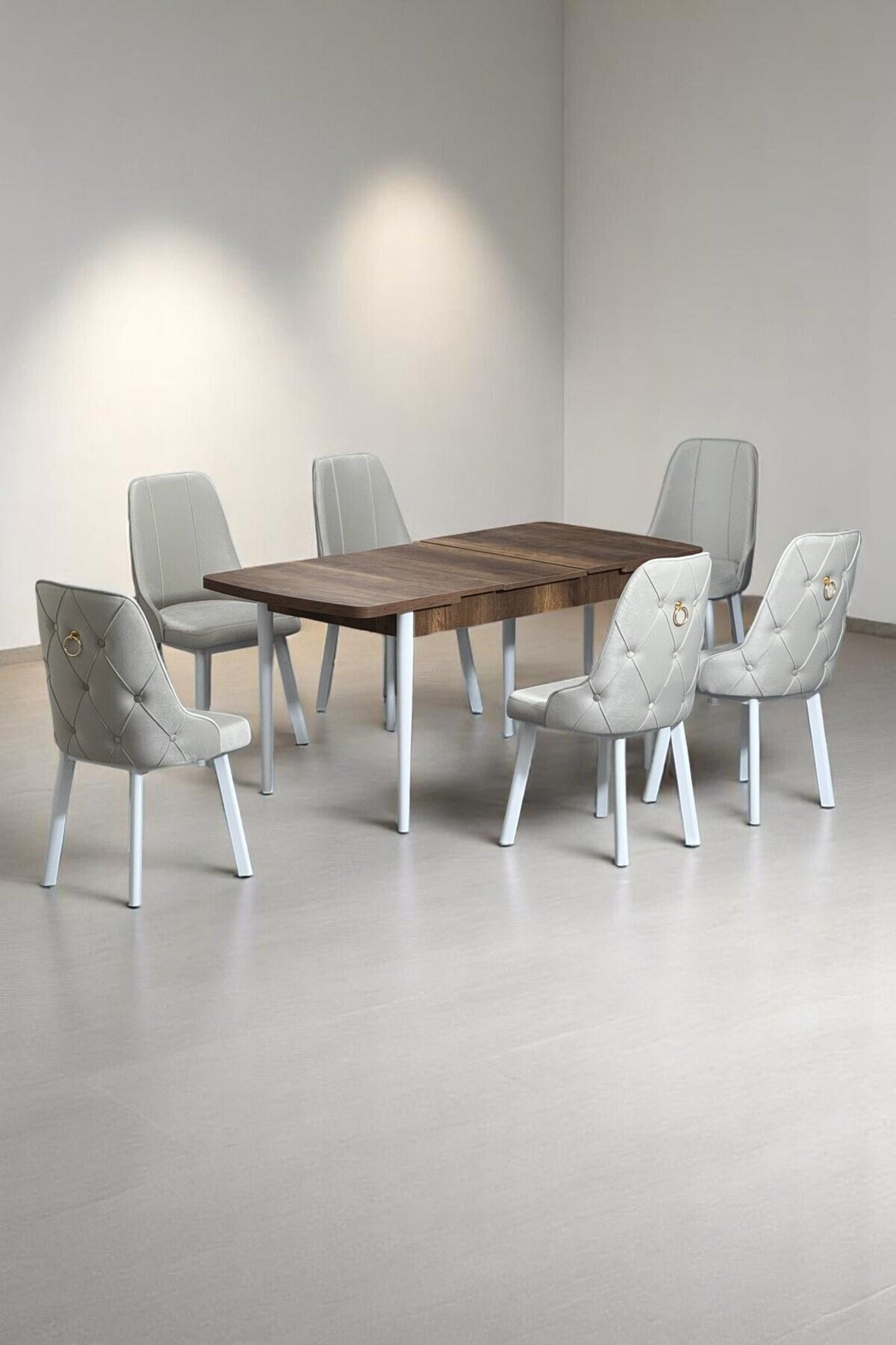 Minel Açılabilen Metal Ayak MDF Mutfak Masası Takımı 6 Krem Sandalye 80 x 132-0