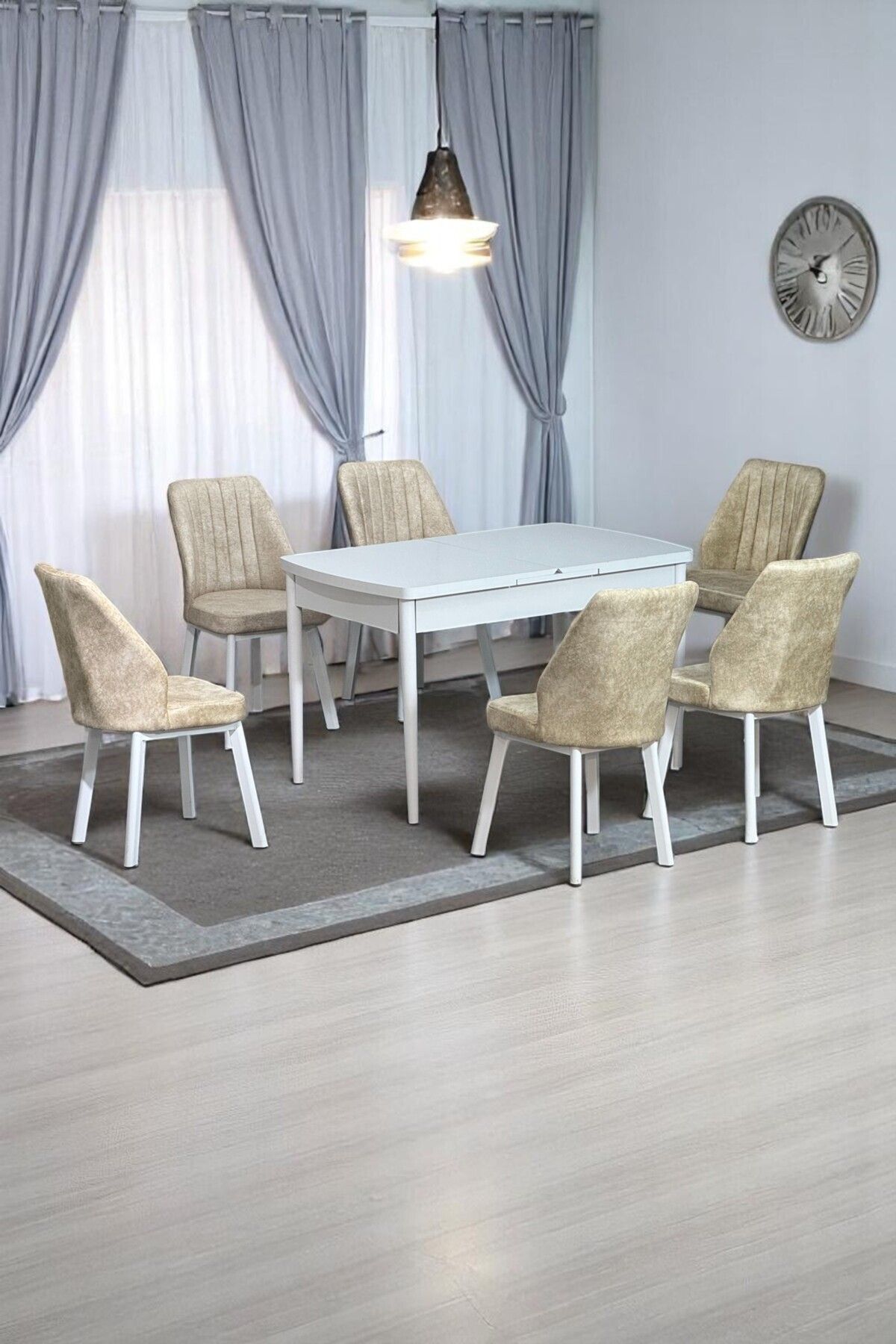 Sera Beyaz 80 x 132 Açılabilen MDF Masa Beyaz Metal Ayaklı Mutfak Masası 6 Krem Desen Sandalye-0