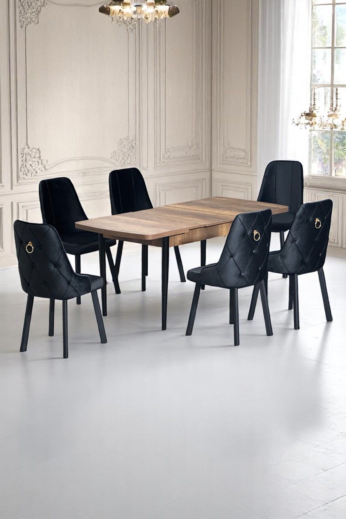 Sonata Ceviz 80 x 132 Açılabilen MDF Masa Siyah Metal Ayaklı Mutfak Masası 6 Siyah Sandalye-0