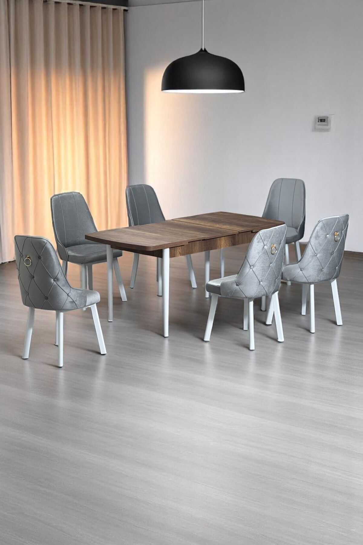 Minel Açılabilen Metal Ayak MDF Mutfak Masası Takımı 6 Gri Sandalye 80 x 132-0