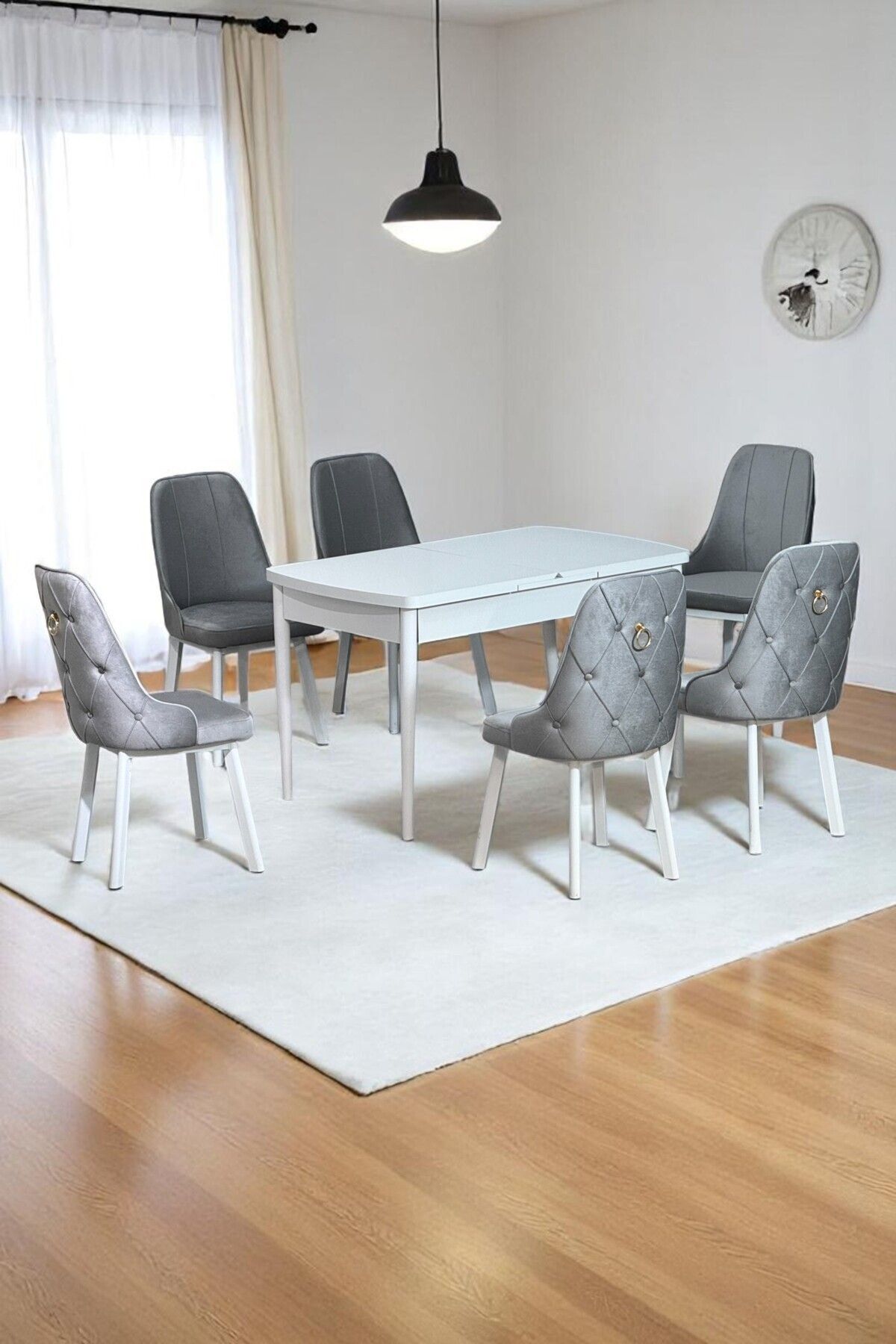 Sonata Beyaz 80 x 132 Açılabilen MDF Masa Metal Ayaklı Mutfak Masası Takımı 6 Gri Sandalye-0