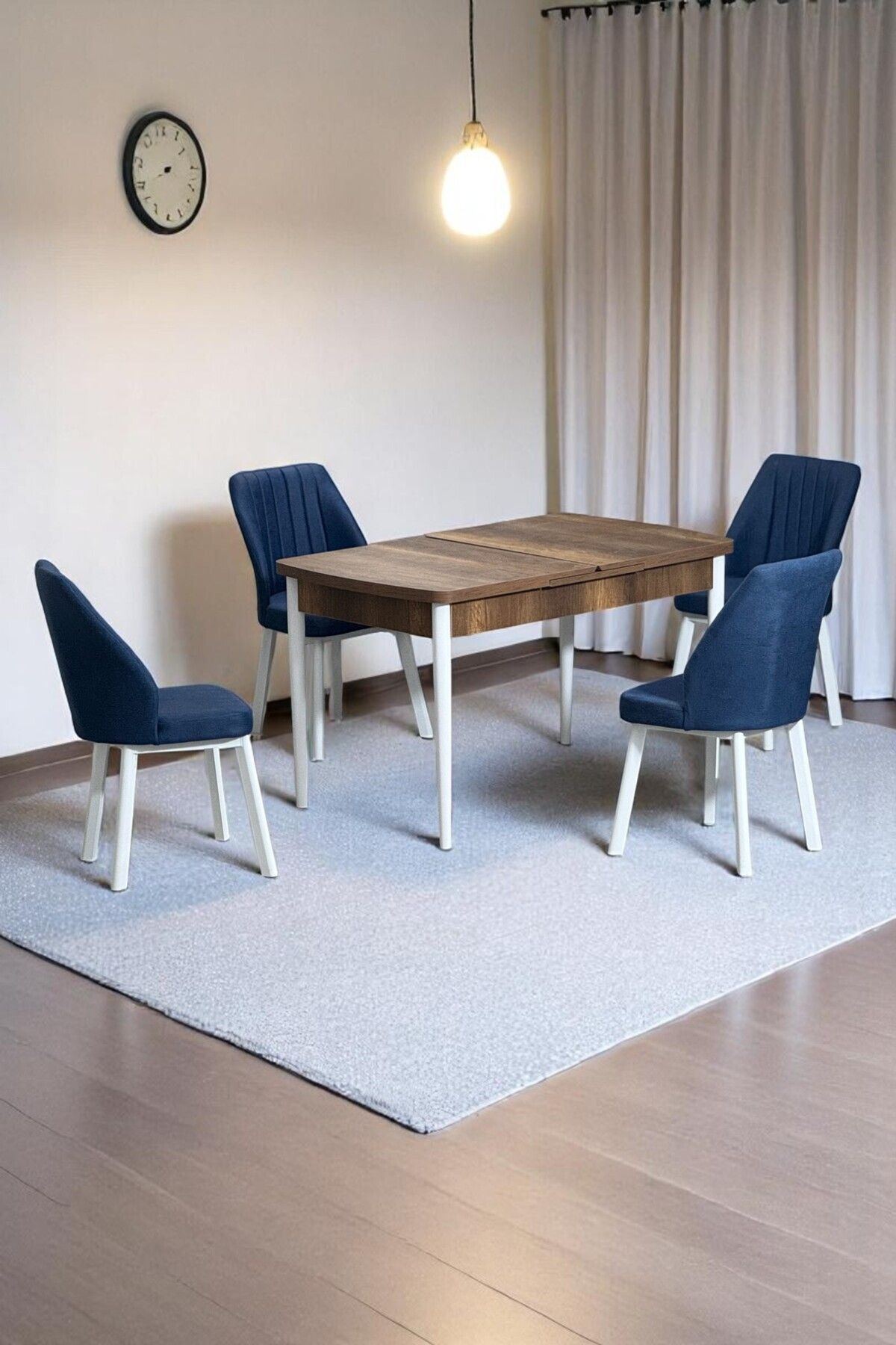 Florn Ceviz 80 x 132 Açılabilen MDF Masa Metal Ayaklı Mutfak Masası Takımı 4 Lacivert Sandalye-0