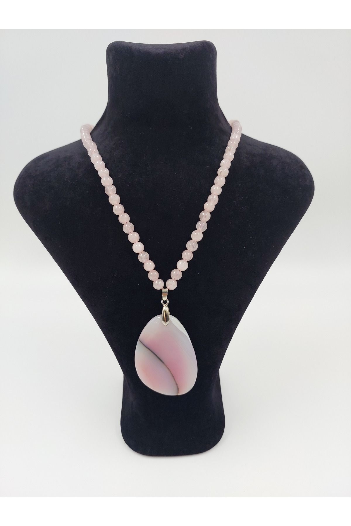 R G Handmade Design Pembe Kuvars ve Pembe Akik Doğal Taşlı Kolye – Kalp Enerjisi Taşıyan El Yapımı Tasarım