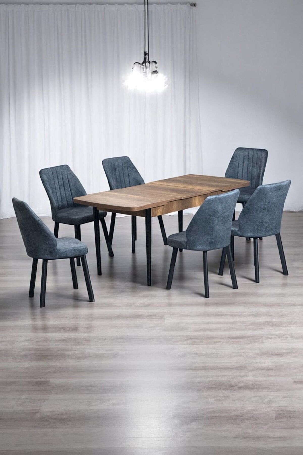 Luna Ceviz 80 x 132 Açılabilen MDF Masa Siyah Metal Ayaklı Mutfak Masası 6 Kot Desen Füme Sandalye-0