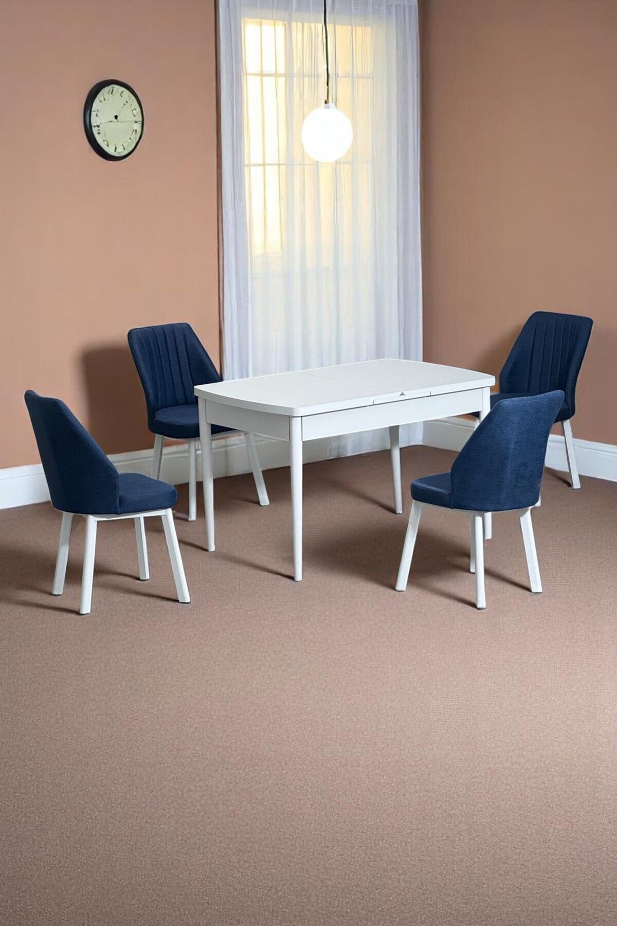 Florn Beyaz 80 x 132 Açılabilen MDF Masa Metal Ayaklı Mutfak Masası Takımı 4 Lacivert Sandalye-0