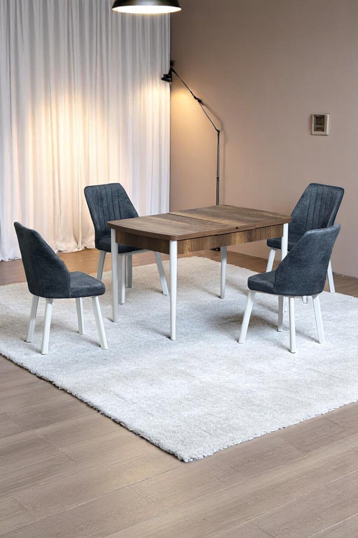 Florn Ceviz 80 x 132 Açılabilen MDF Masa Metal Ayaklı Mutfak Masası Takımı 4 Kot Füme Sandalye-0