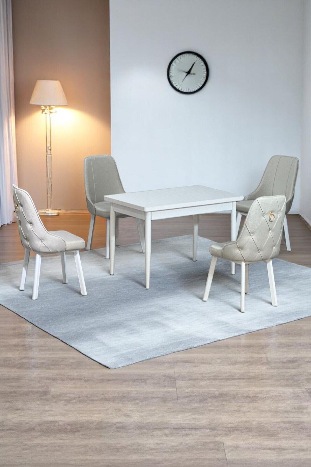 Still Beyaz MDF 70x110 Sabit Mutfak Masası Takımı Beyaz Metal Ayak 4 Krem Sandalye-0