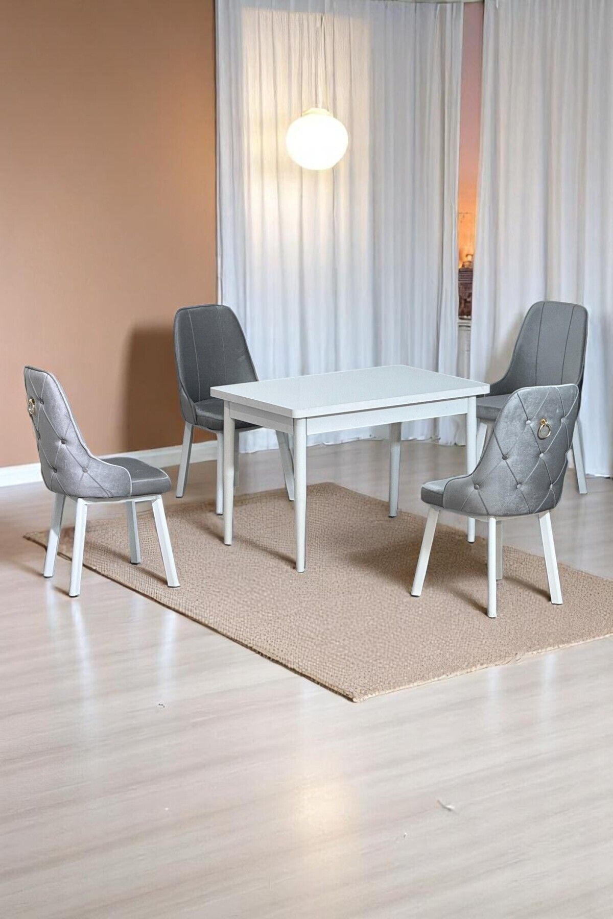 Still Beyaz MDF 70x110 Sabit Mutfak Masası Takımı Beyaz Metal Ayak 4 Gri Sandalye-0