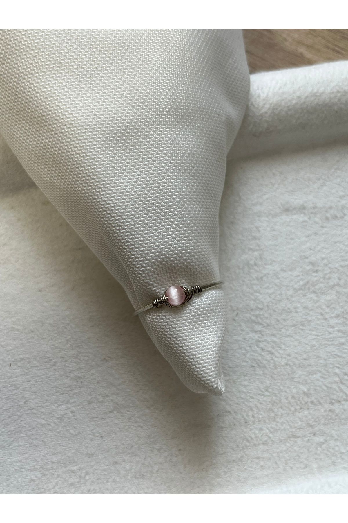 Pel Design Minimal Pembe Kedi Gözü Ayarlanabilir Gümüş Renk Tel Yüzük