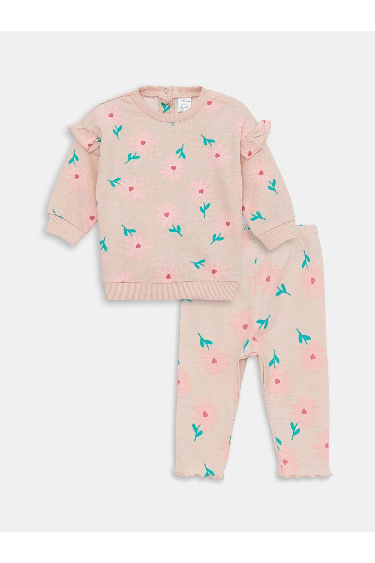 LC Waikiki Bisiklet Yaka Uzun Kollu Baskılı Kız Bebek Sweatshirt ve Tayt 2'li Takım