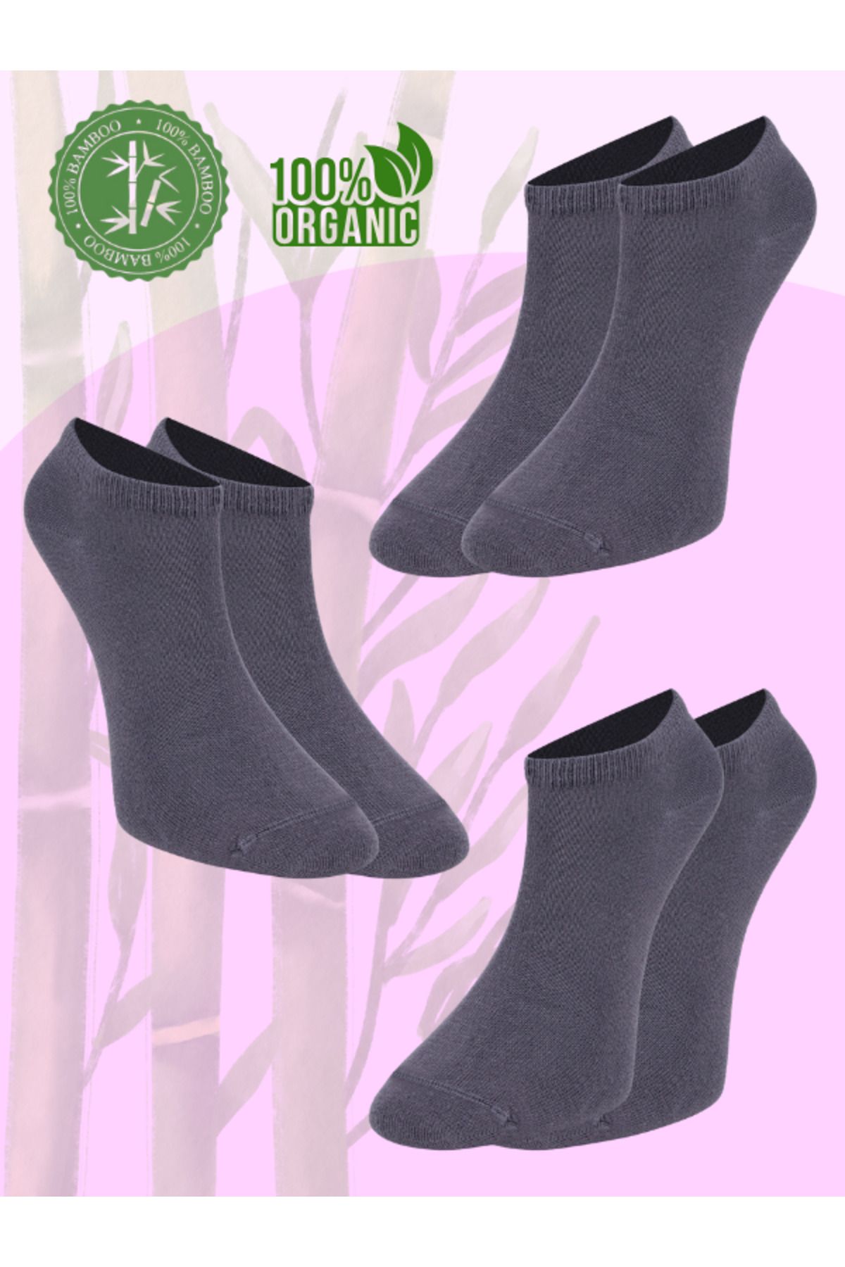 GIFT MALL %100 Gerçek Bambu Kadın Patik Çorap Dikişsiz 3'lü