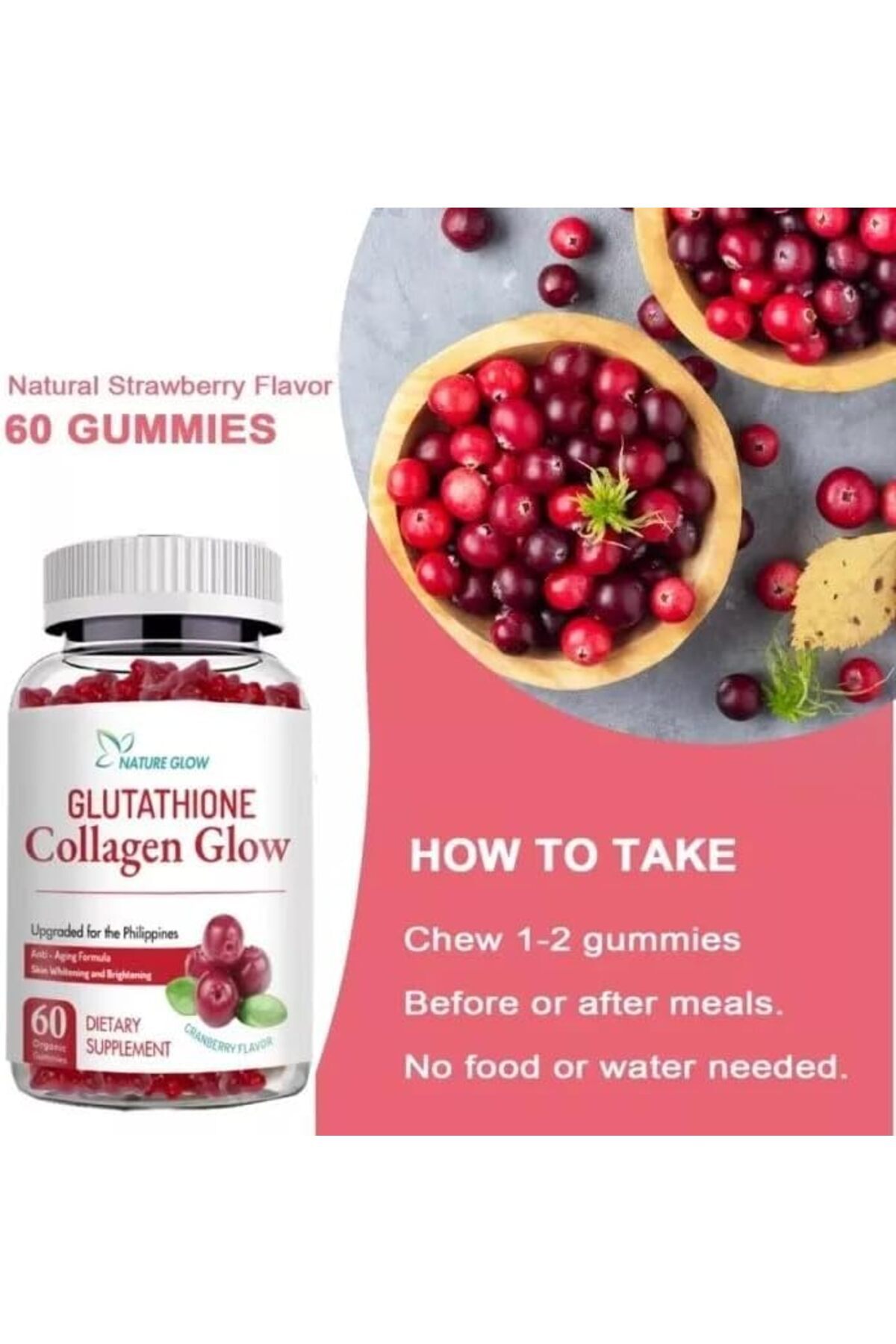 best glutathione collagen glow 2 Bottles Nature Glow Glutathione Collagen - Strawberry Flavor, Chewable  Gummies main image 0