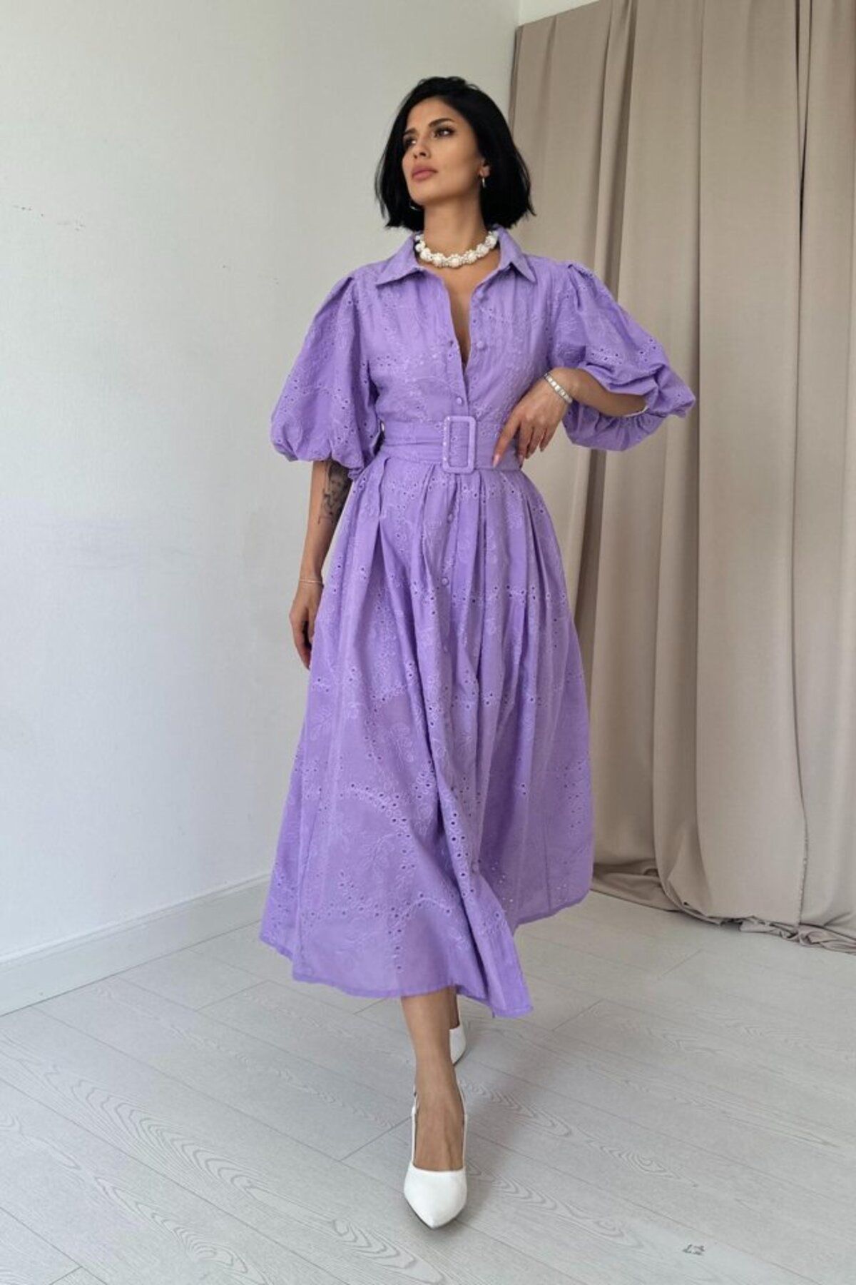 velmorafashion Lila Pileli Balkon Elbise