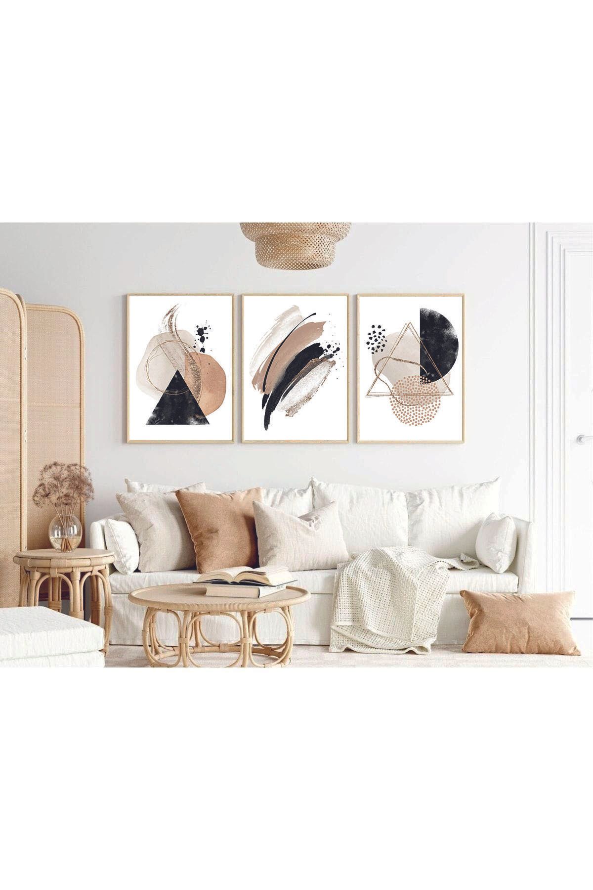 Artte Ahşap Çerçeveli Üçlü Geometrik Soyut Tablo – Modern Minimal