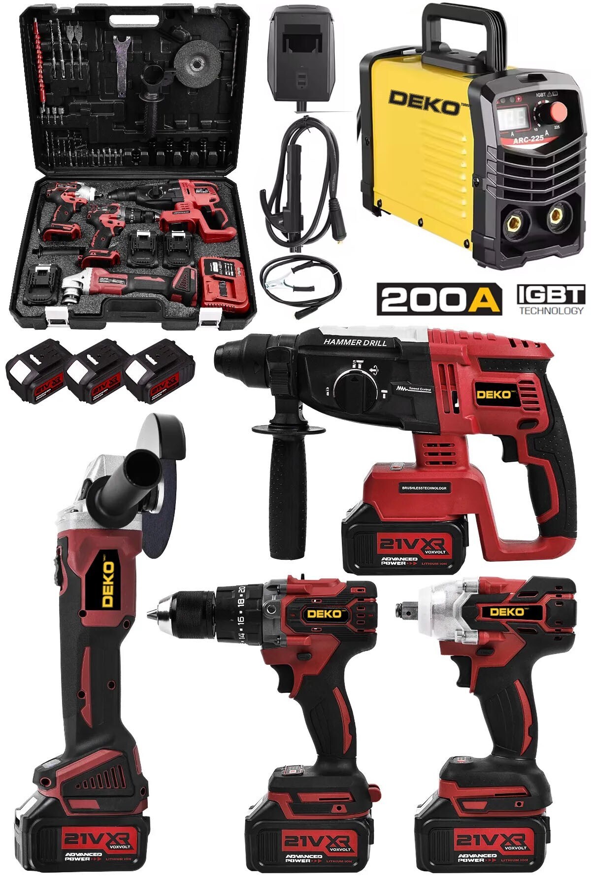 DEKO TURKEY IGBT İnvertör Teknoloji 200A Kaynak Makinesi + 4’lü Şarjlı Full Güç Takımı – Usta İşi Tam Set!