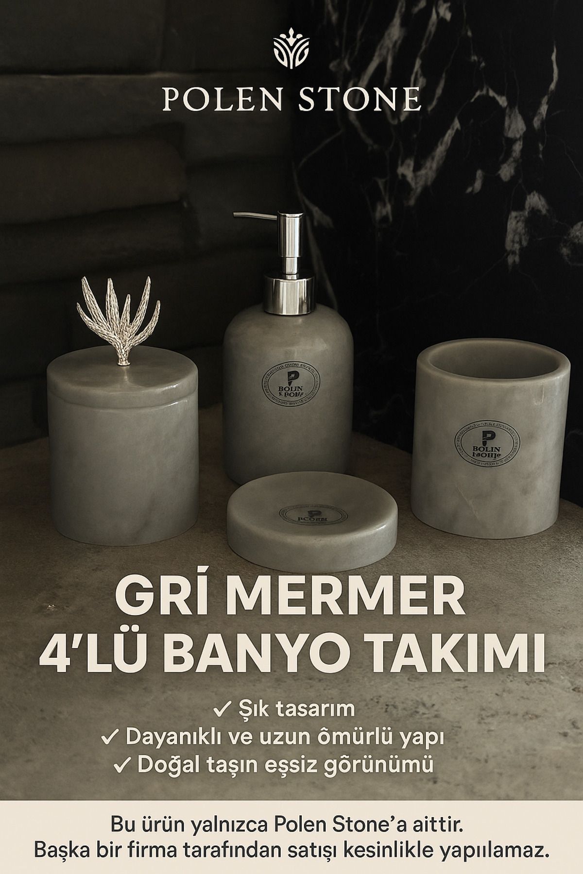 Polen Stone 🌿 Polen Stone – Doğal Şıklığın Banyo Hali 🖤 Gri Mermer 4’lü Banyo Seti